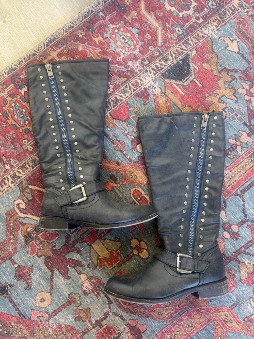Madden Girl Women’s Black Studded Mid-Calf Riding Boots with Blue Zipper